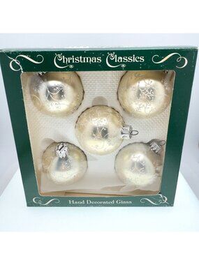Krebs Set of 5 Glass Ball Ornaments Satin Finish Glitter Floral Vintage Germany